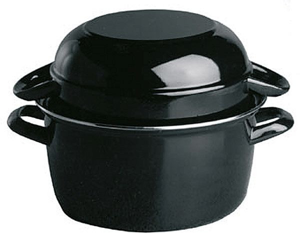 APS serveringsmusselskanna för 0,5 kg, Ø 13,5 cm, för 1 portion, svartemaljerad stålplåt, med kant i rostfritt stål, 0,75 liter, 00623